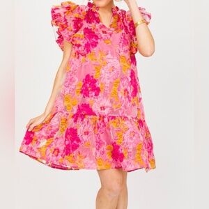 Entro Size L Pink Floral Ruffle Jacquard Mini Dress Cocktail Feminine Wedding